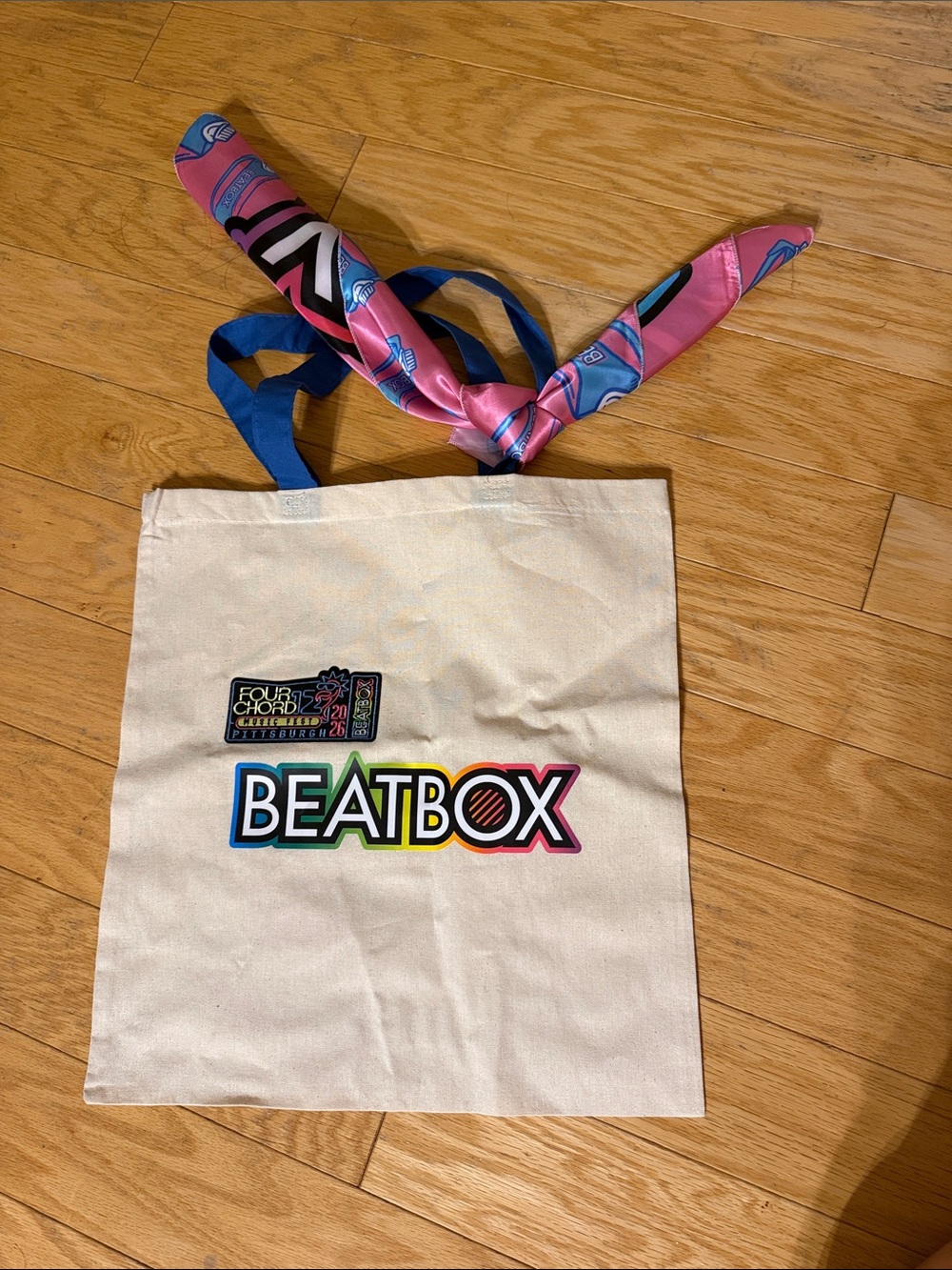 Beatbox Four Chords 2026 Canvas Tote Bag with Pink Scarf Accent